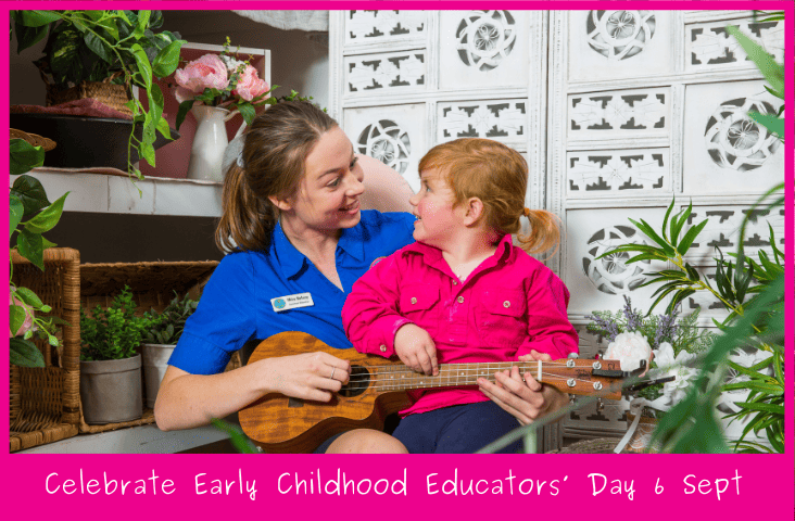 Our Wonderful Educators – What They Mean To Us At Mother Duck blog feature image educator and child playing an instrument together.